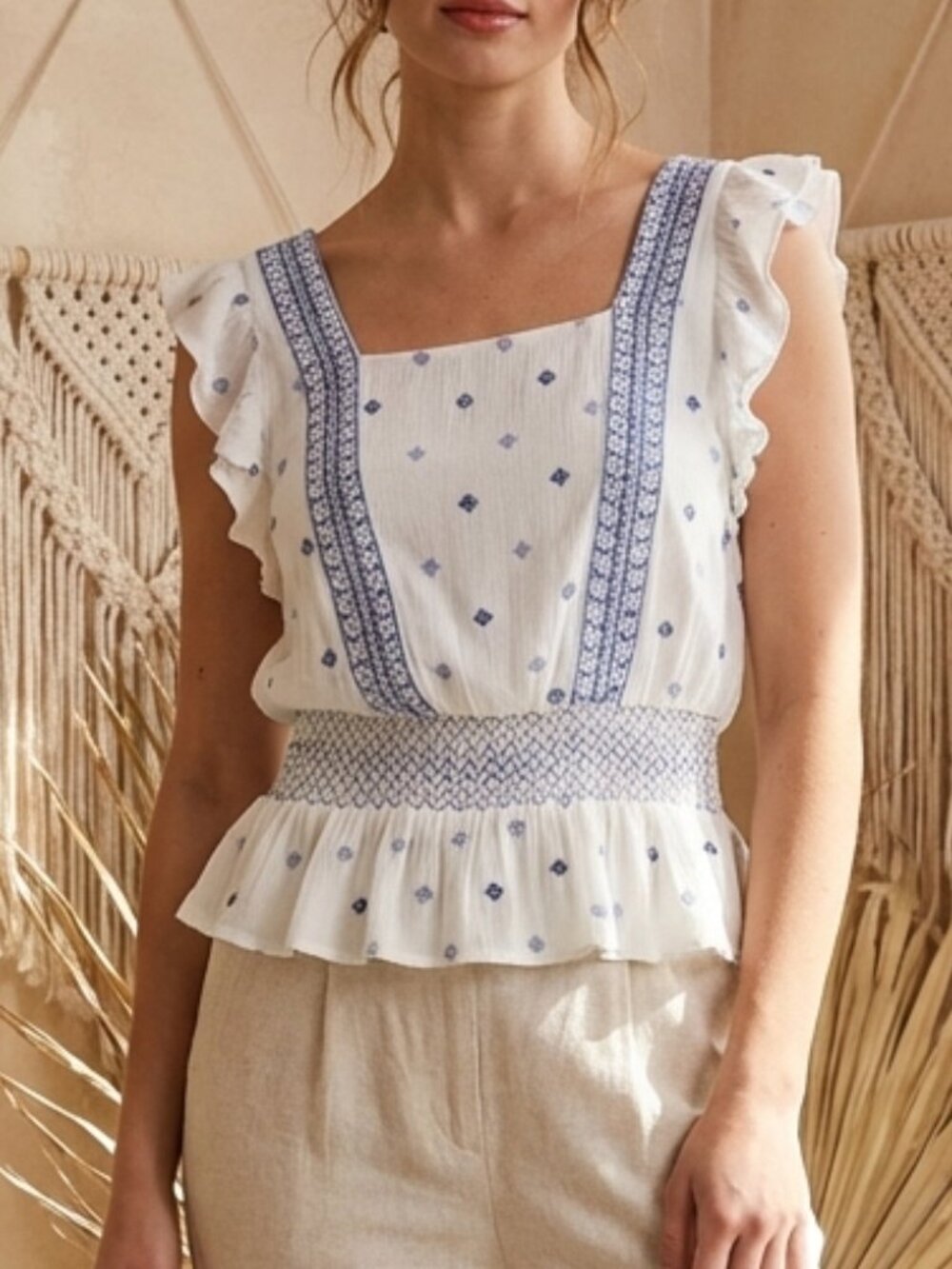 Boho Smocked In Bloom Ivory Blue Embroidered Peplum Blouse Size M Medium